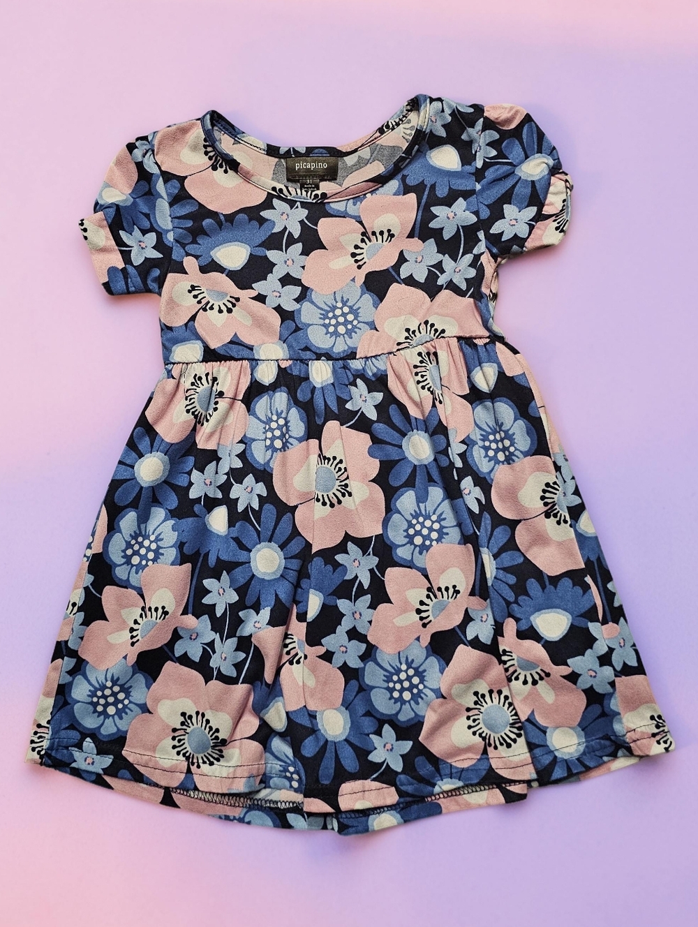 PICAPINO Girls' Navy Floral Short-Sleeve Dress - Pink & Blue. Size 4T.